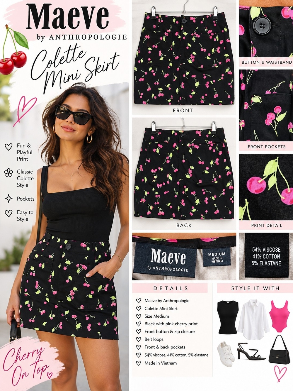 Maeve Anthropologie Colette Cherry Print Mini Skirt Black Pink M
